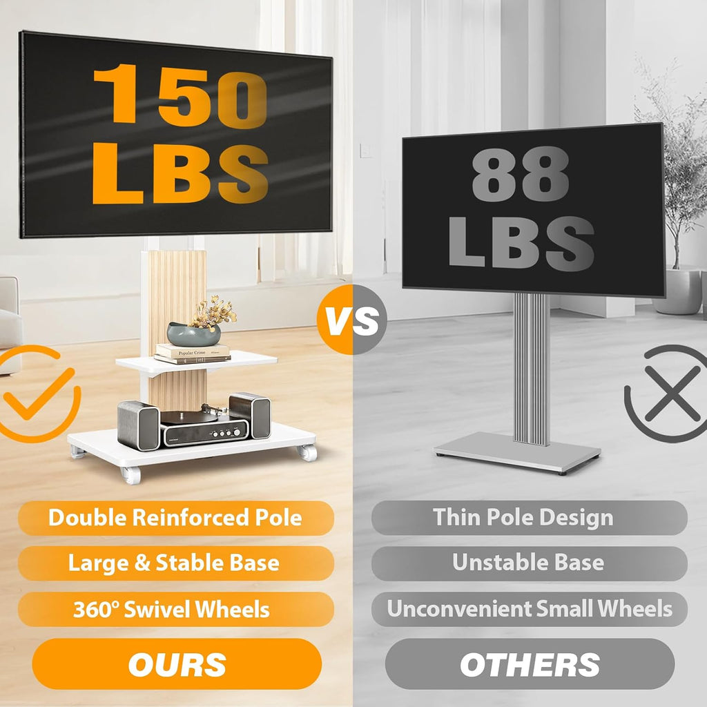 TVON Heavy Duty Rolling TV Stand for 55-90 inch Large TVs up to 150 lbs, Mobile TV Cart with Height Adjustable Mount and Large Storage Shelf, Tall TV Stand with Wooden Base, White and Oak