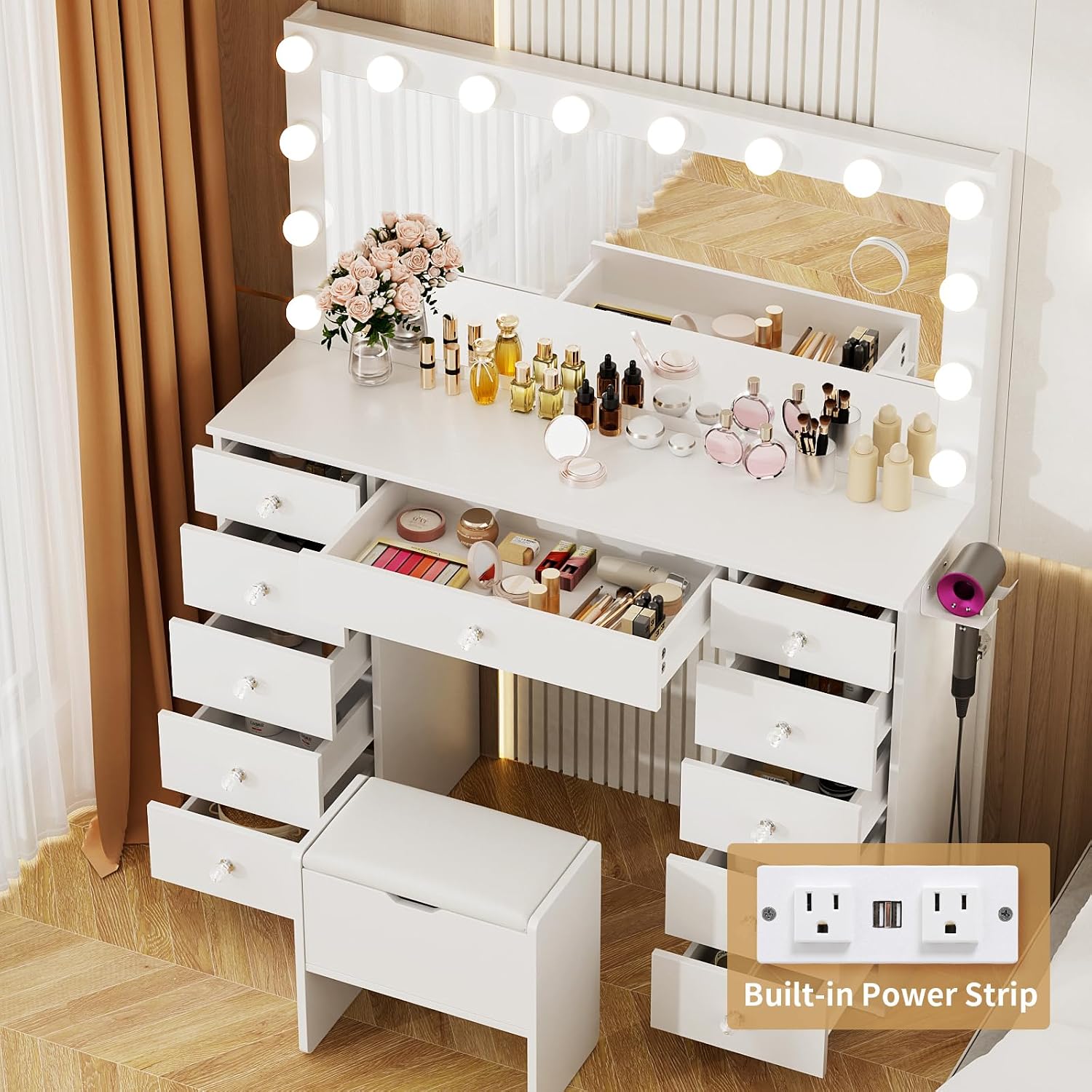VOWNER Vanity with Lighted Mirror - Makeup Vanity Desk with 11 Drawers and Outlet, 3 Color Lighting Modes Adjustable Brightness, 46' Vanity Table with Soft Cushioned Stool for Bedroom, White