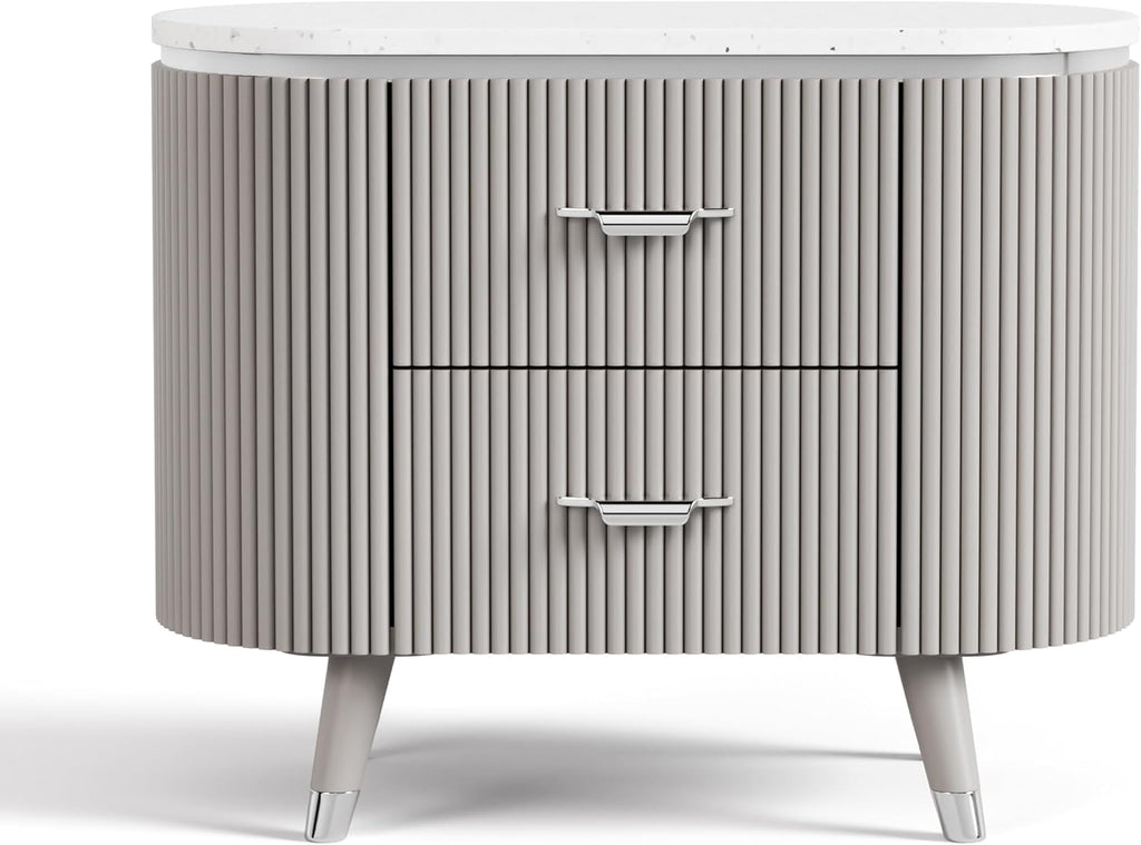 Furniture of America Vito Modern Solid Wood 2-Piece Bedroom Set with Upholstered Bed, Cultered Stone Top, Felt-Lined Top Drawer, Metal Side Glide on Nightstand, Box Spring Required, King, Light Gray