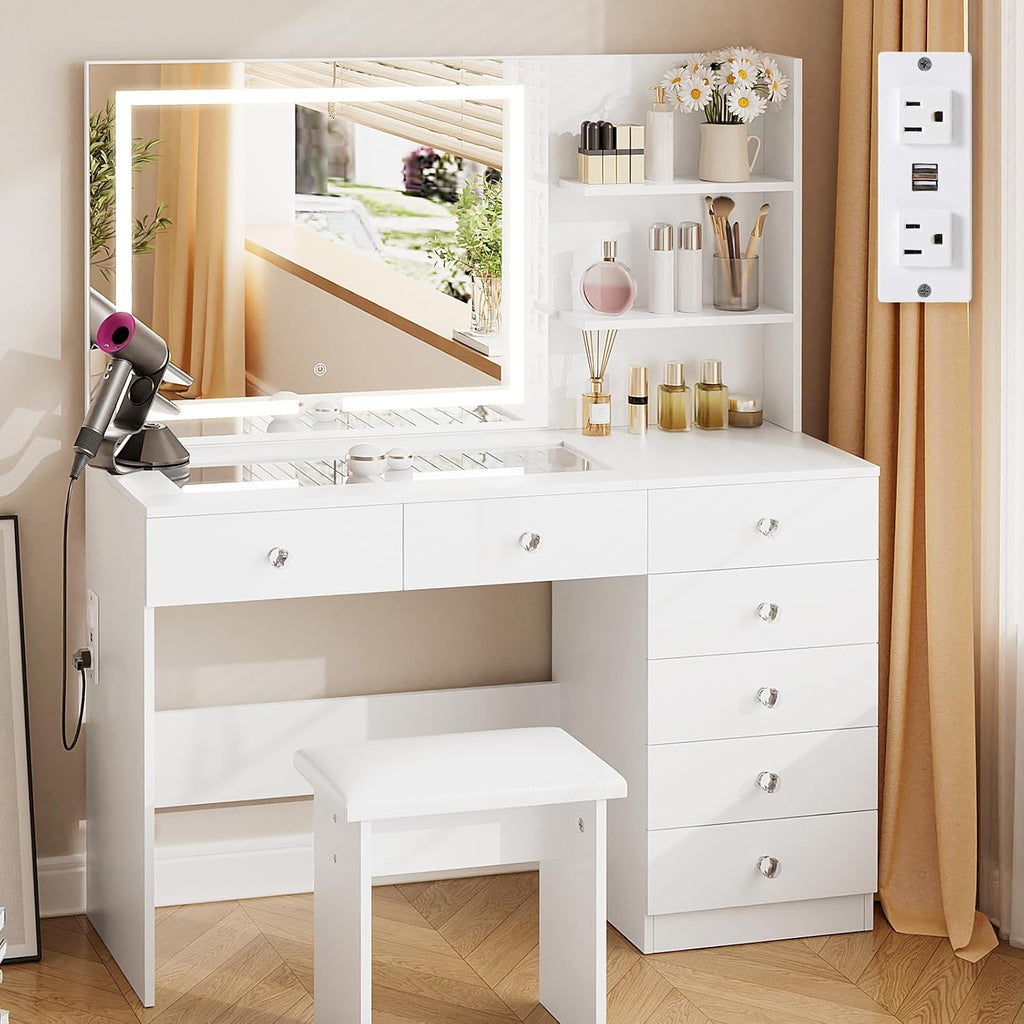 VOWNER Vanity with Mirror and Lights - 47' Glass Top Makeup Vanity Desk with 7 Drawers, 3 Storage Shelves and Outlet, 3 Color Lighting Modes Adjustable Brightness, Makeup Table for Bedroom (White)