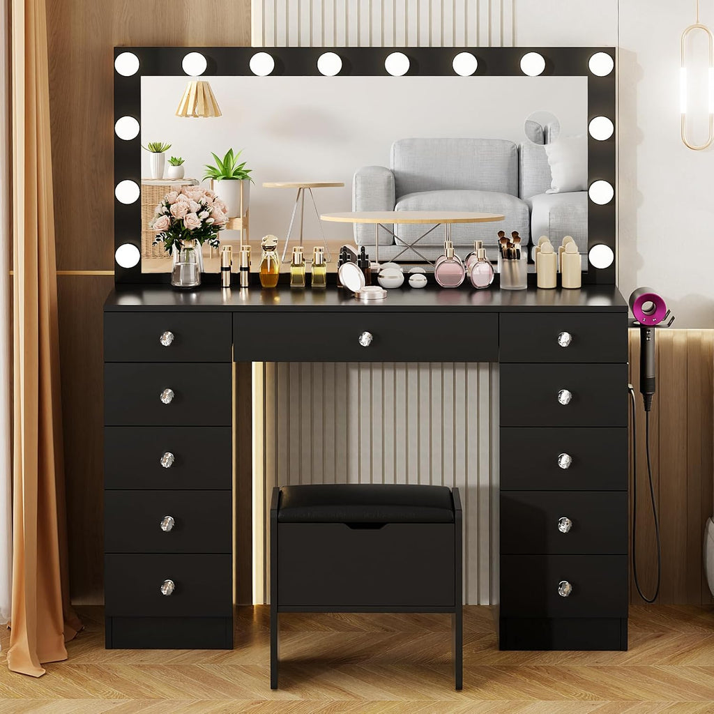VOWNER Vanity with Lighted Mirror - Makeup Vanity Desk with 11 Drawers and Outlet, 3 Color Lighting Modes Adjustable Brightness, 46' Vanity Table with Soft Cushioned Stool for Bedroom, Black