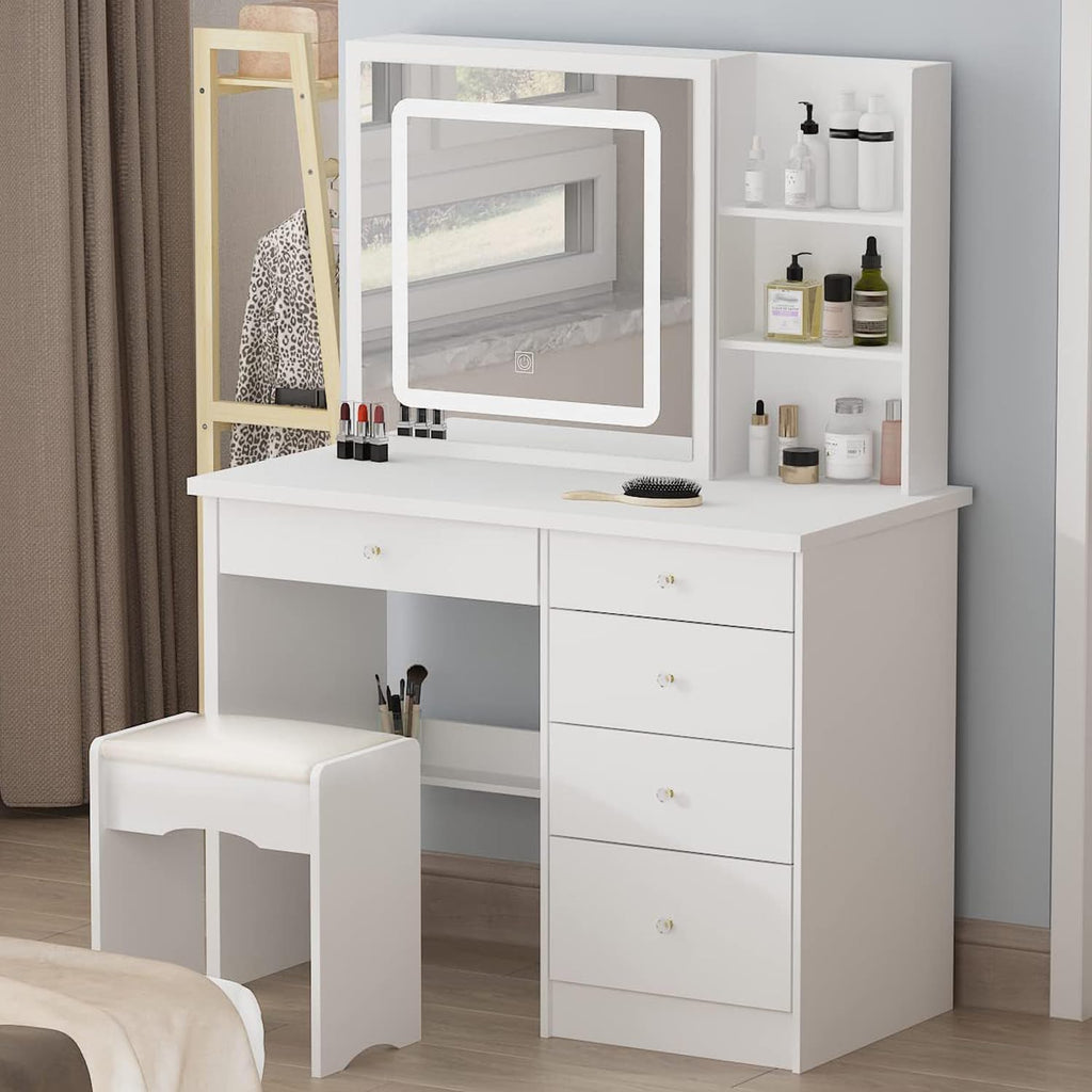 Homsee Vanity Desk Set Makeup Table with Large Sliding Lighted Mirror, Dressing Table with 5 Drawers, Storage Shelves & Cushioned Stool for Bedroom, White