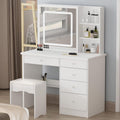 Homsee Vanity Desk Set Makeup Table with Large Sliding Lighted Mirror, Dressing Table with 5 Drawers, Storage Shelves & Cushioned Stool for Bedroom, White