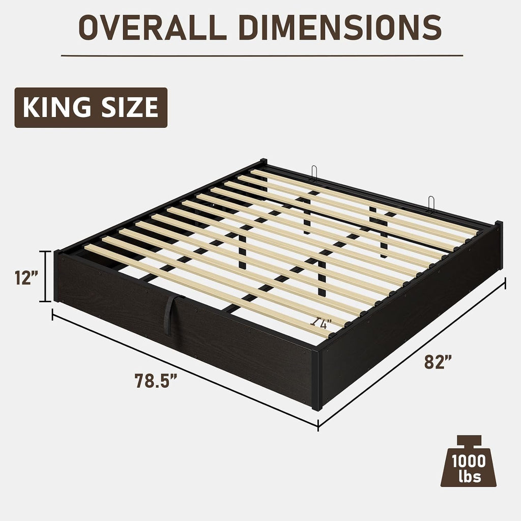 LUXOAK King Size Lift Up Storage Platform Bed Frame, Metal Bed Frame with Wooden Slats Support, No Box Spring Needed, Large Storage Space, Noise Free, Easy Assembly, Black