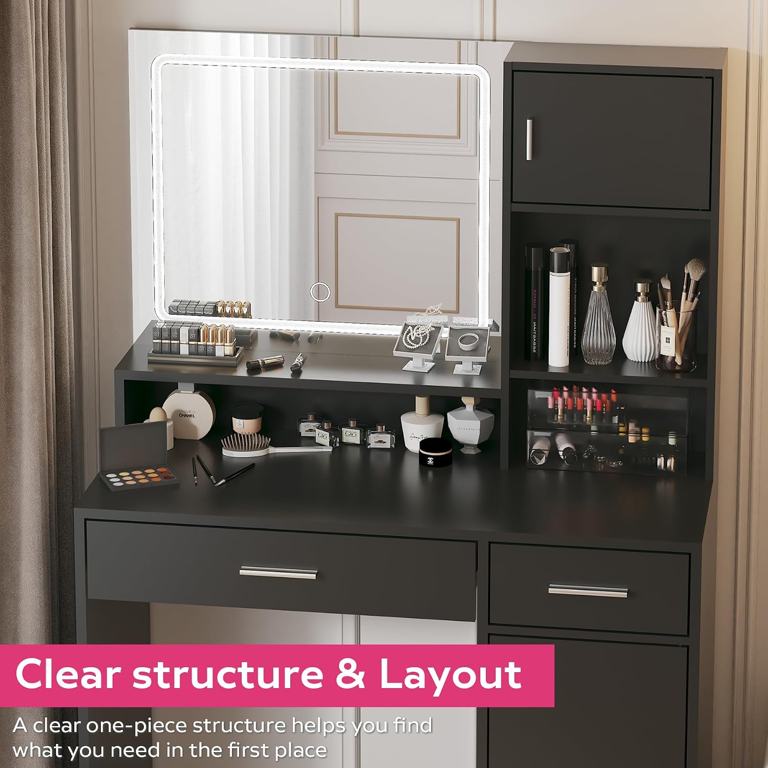 MIRROTOWEL Vanity Desk with LED Light Mirror, Dressing Table with Large Drawer & 3-Tier Storage, Adjustable Brightness 3 Lighting Modes, Modern Makeup Desk for Bedroom, Bathroom, or Living Room
