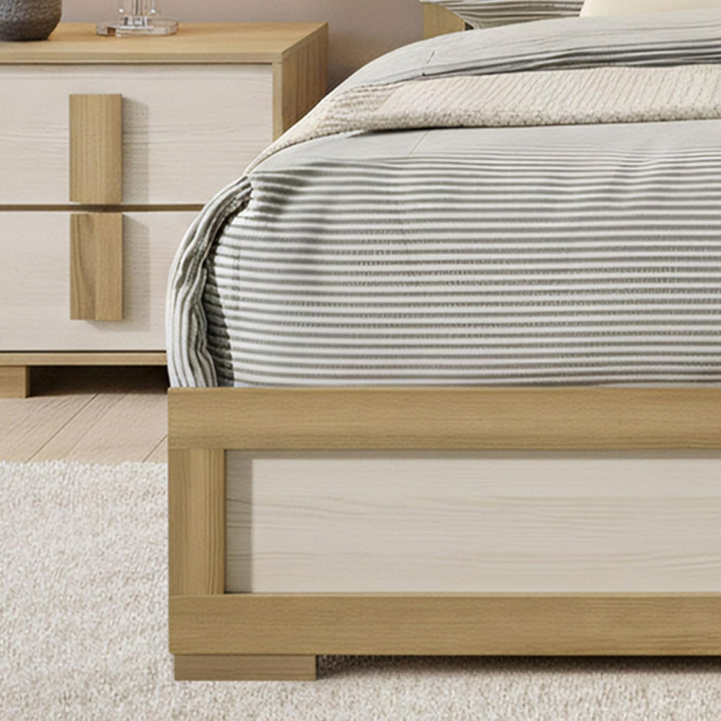 Kings Brand Furniture Boone 3-Piece Bedroom Set – Bed Frame with LED Headboard & 2 Nightstands, Natural/White Wood Finish, Slim-Profile Modern Design (Queen)