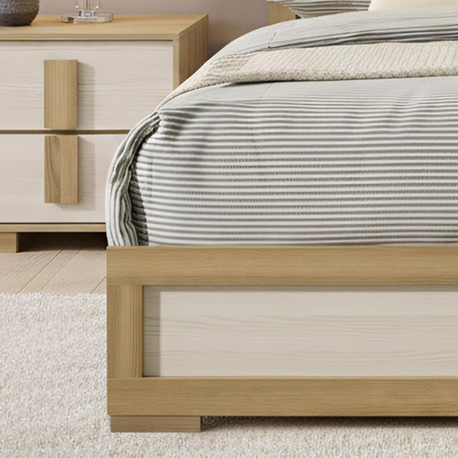 Kings Brand Furniture Boone 3-Piece Bedroom Set – Bed Frame with LED Headboard & 2 Nightstands, Natural/White Wood Finish, Slim-Profile Modern Design (Queen)
