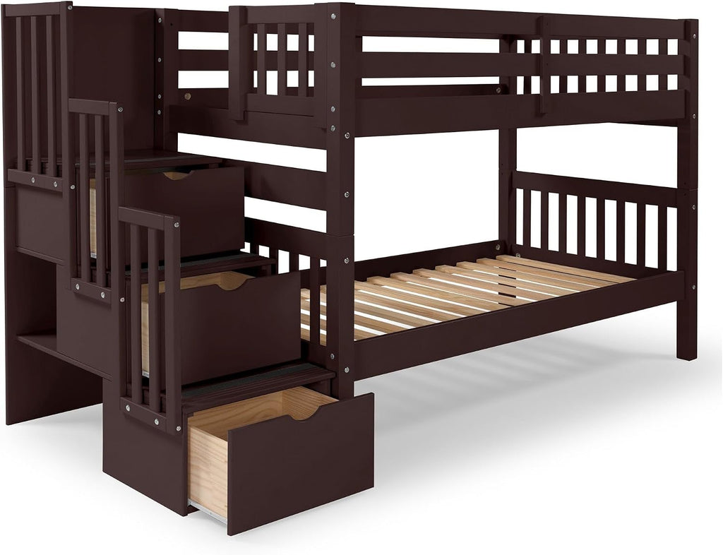 Bedz King Stairway Bunk Beds Twin Over Twin, 3 Step Drawers, Dark Cherry