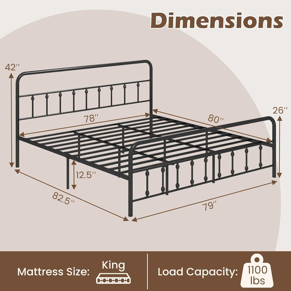 Giantex King Size Metal Platform Bed Frame, Victorian Style King Platform Bed with Headboard & Footboard, Heavy Duty Mattress Foundation, 1100 lbs Capacity, No Box Spring Needed, Noise-Free, Black