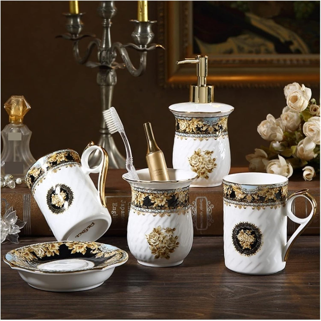 Vanity Bathroom Decor, Light Luxury Bathroom Accessories Set 5 Pieces Ceramics Bath Accessory European Retro Style Bath Set Housewarming Gift(B)