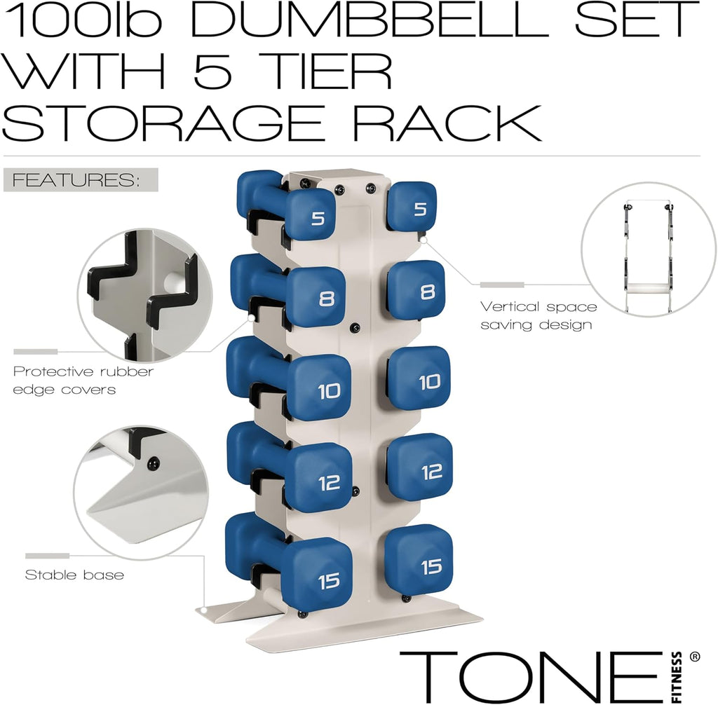 Tone Fitness Neoprene Dumbbell Set with Storage Rack – Non-Slip, Anti-Roll Hand Weights for Home Gym Workouts | 20 lb, 32 lb, 50 lb, 60 lb & 100 lb Options