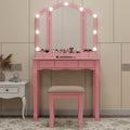 Pink Vanity Desk With Mirror And Lights For Girls Makeup Vanity Desk With Chair Vanity Table And Stool Set With 5 Storage Drawers 3 Colors Lighting Modes Tri Fold Vanity Mirror Lighted Vanity