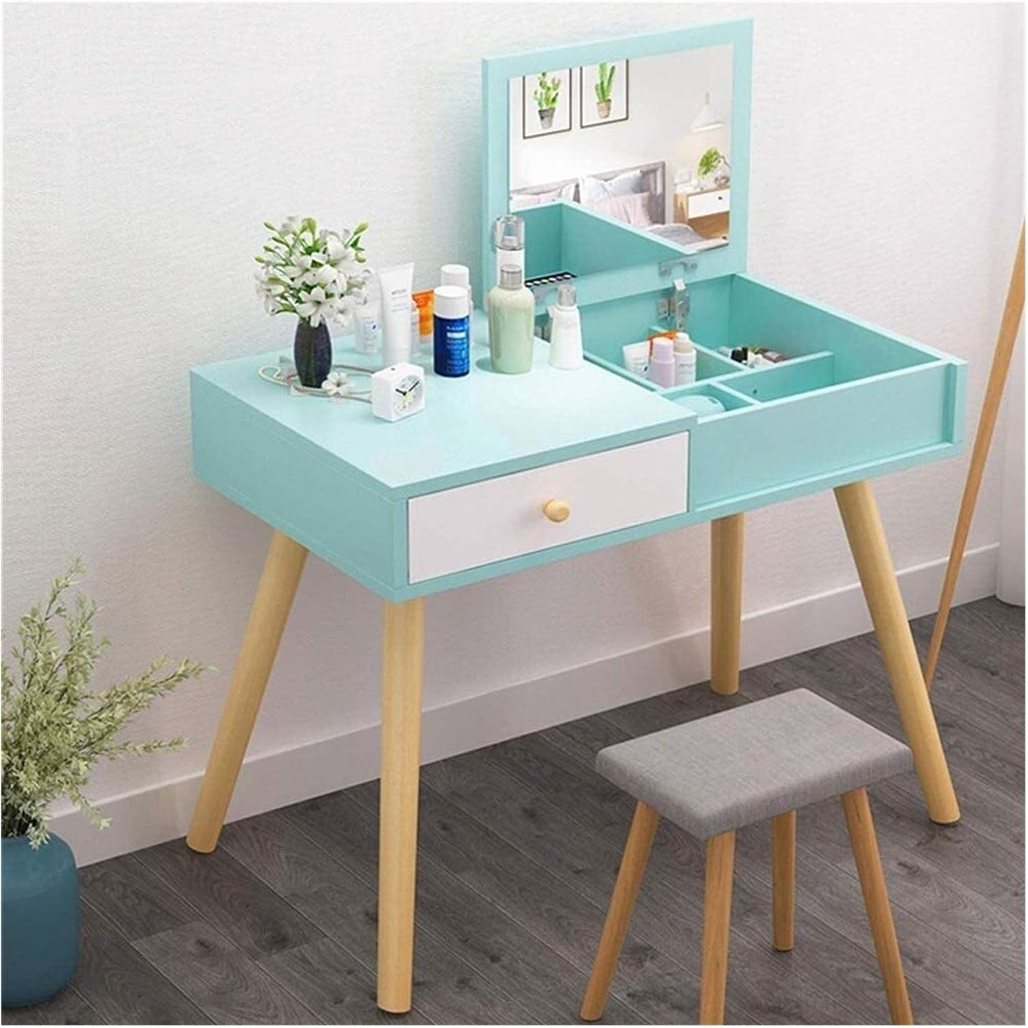 Vanity Sets with Bench and Mirror, Makeup Vanity Table Set Simple Modern Dressing Table Computer Desk Mini Modern Makeup Cabinet (Color : Blue) (Blue)