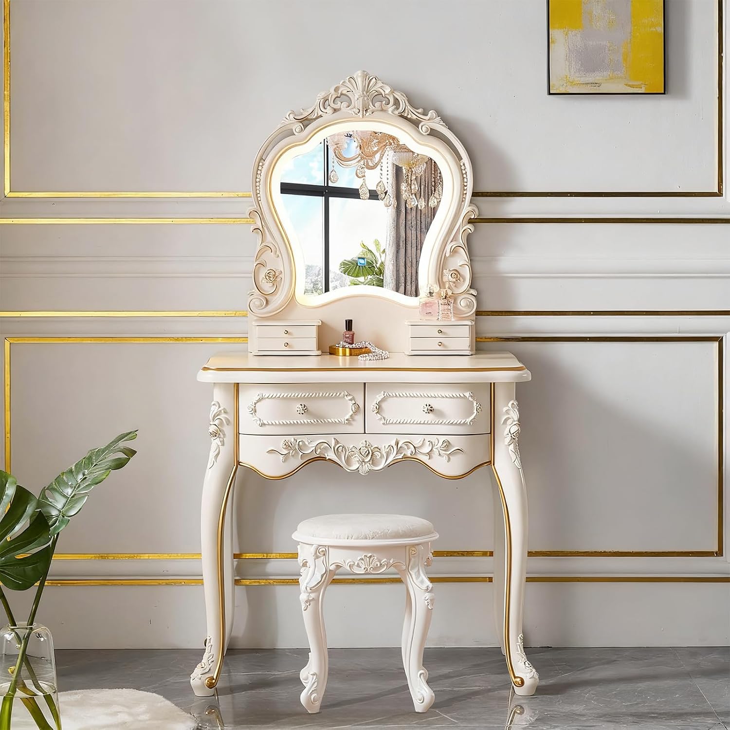 Mid Century Vanity Table with Mirror and Stool, Makeup Vanity Desk with Lights and Drawers for Jewelry & Cosmetics, Vintage European Vanities & Vanity Benches for Bedroom,Widths: 31.5'