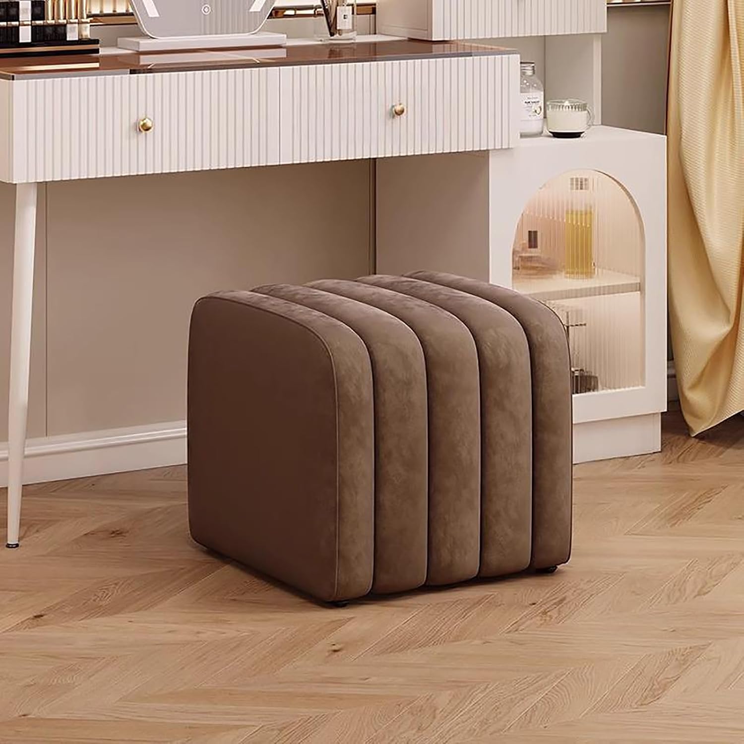 Velvet End of Bed Bench, Toast Entrance Shoe Bench, Solid Wood Vanity Stool Soft Foot Rest for Bedroom Living Room Corridor Entrance Dressing Room Store(40x40x40cm, Brown)