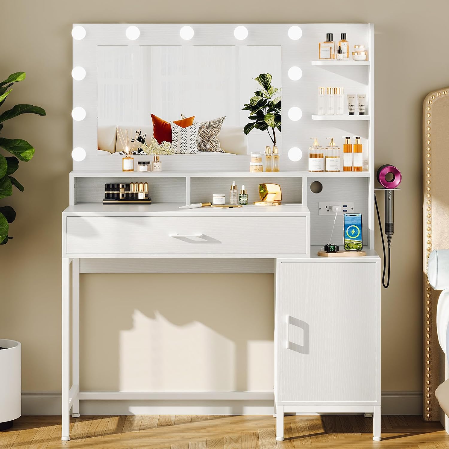 Driftalia Vanity Desk with Mirror and Lights, Makeup Vanity with Storage Drawer, Power Outlet and Large Cabinet for Bedroom - White