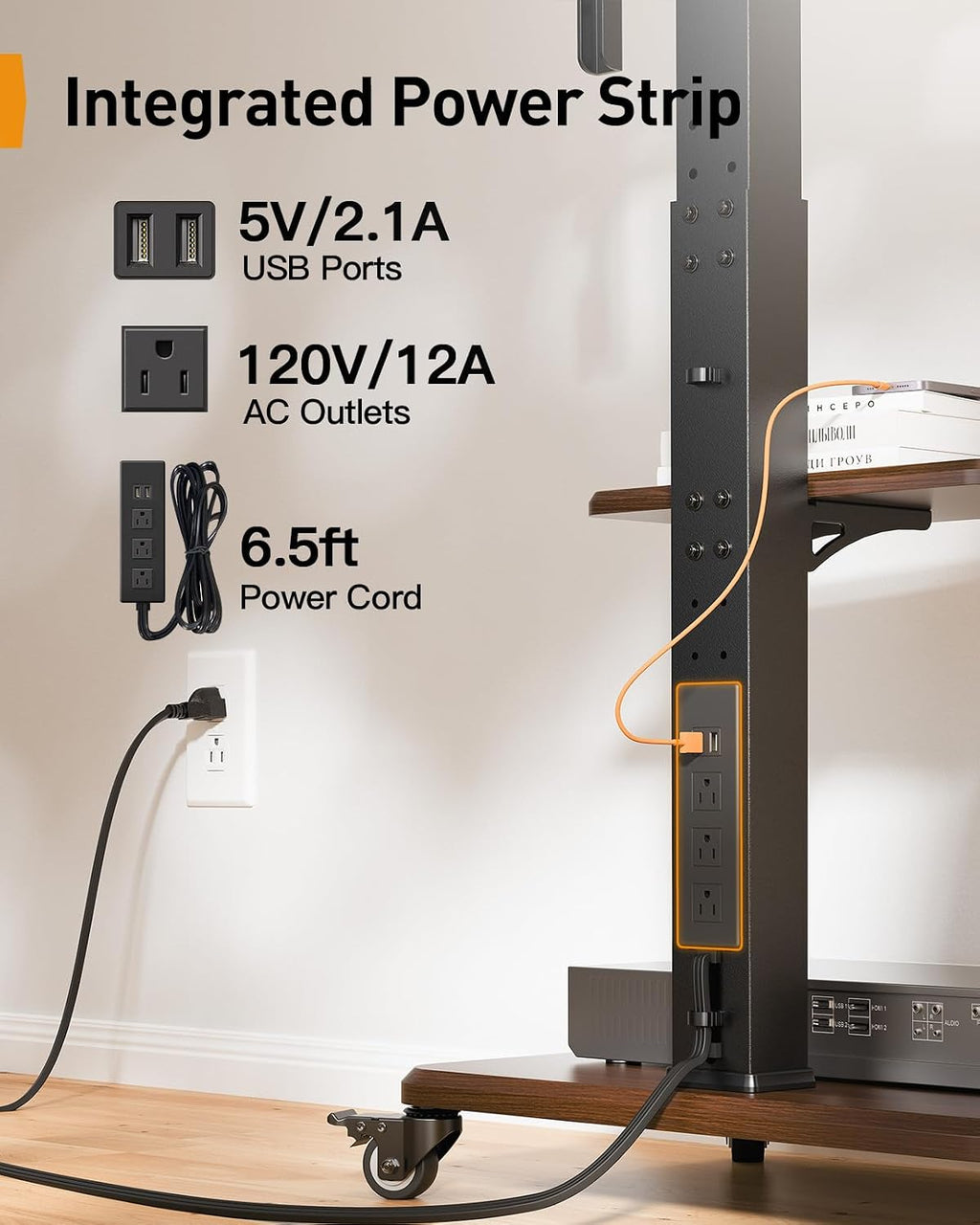 Perlegear Rolling TV Stand with LED Lights for 32'-77' TVs up to 110 lbs, Mobile TV Stand with Swivel, Tilt, and 18 Height Levels, TV Cart with Wheels and Solid Wood Base, Max VESA 600x400mm, PGTVC32B