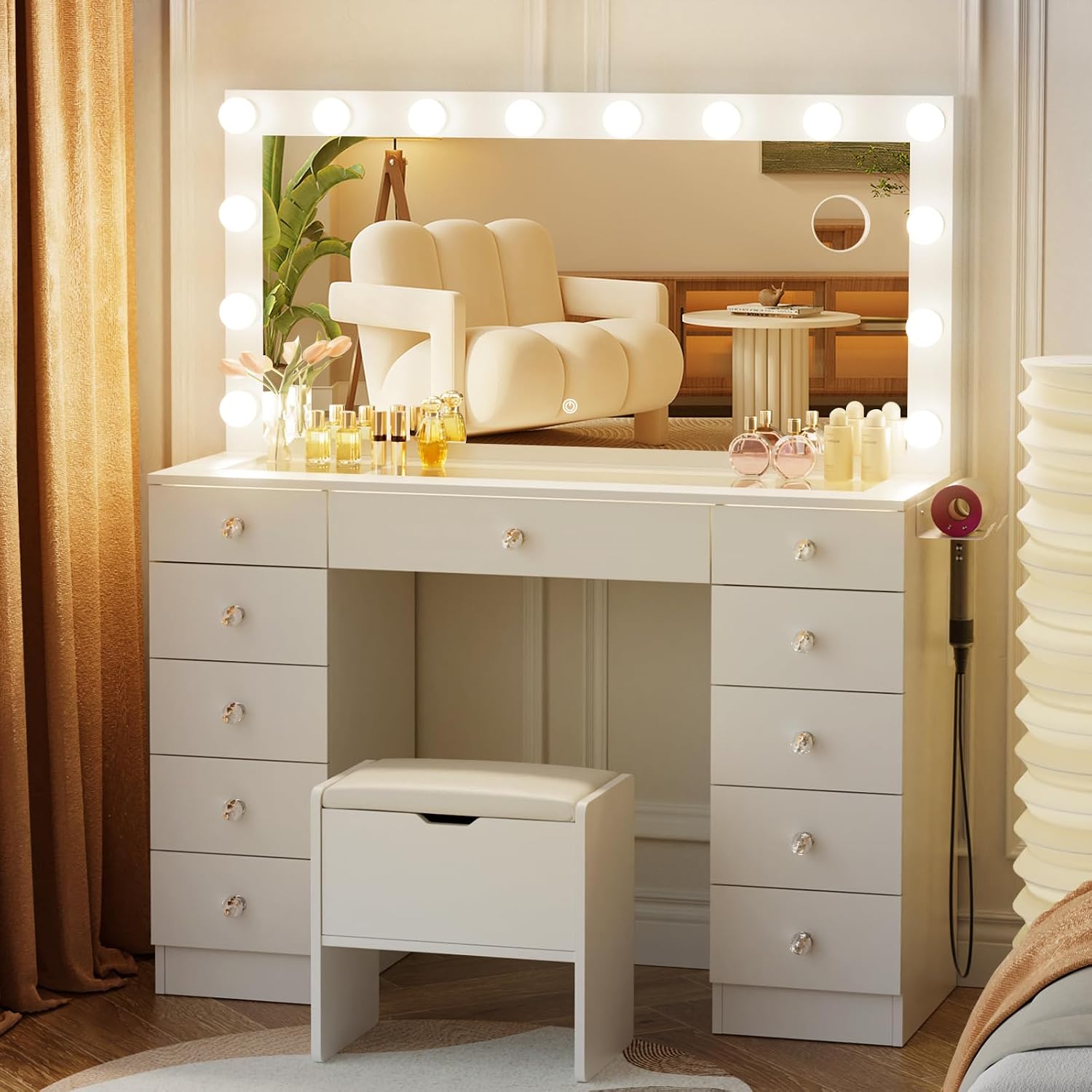 VOWNER Vanity with Lighted Mirror - Makeup Vanity Desk with Glass Top and 11 Drawers, 3 Color Lighting Modes Adjustable Brightness, 46' Vanity Table with Soft Cushioned Stool for Bedroom, White