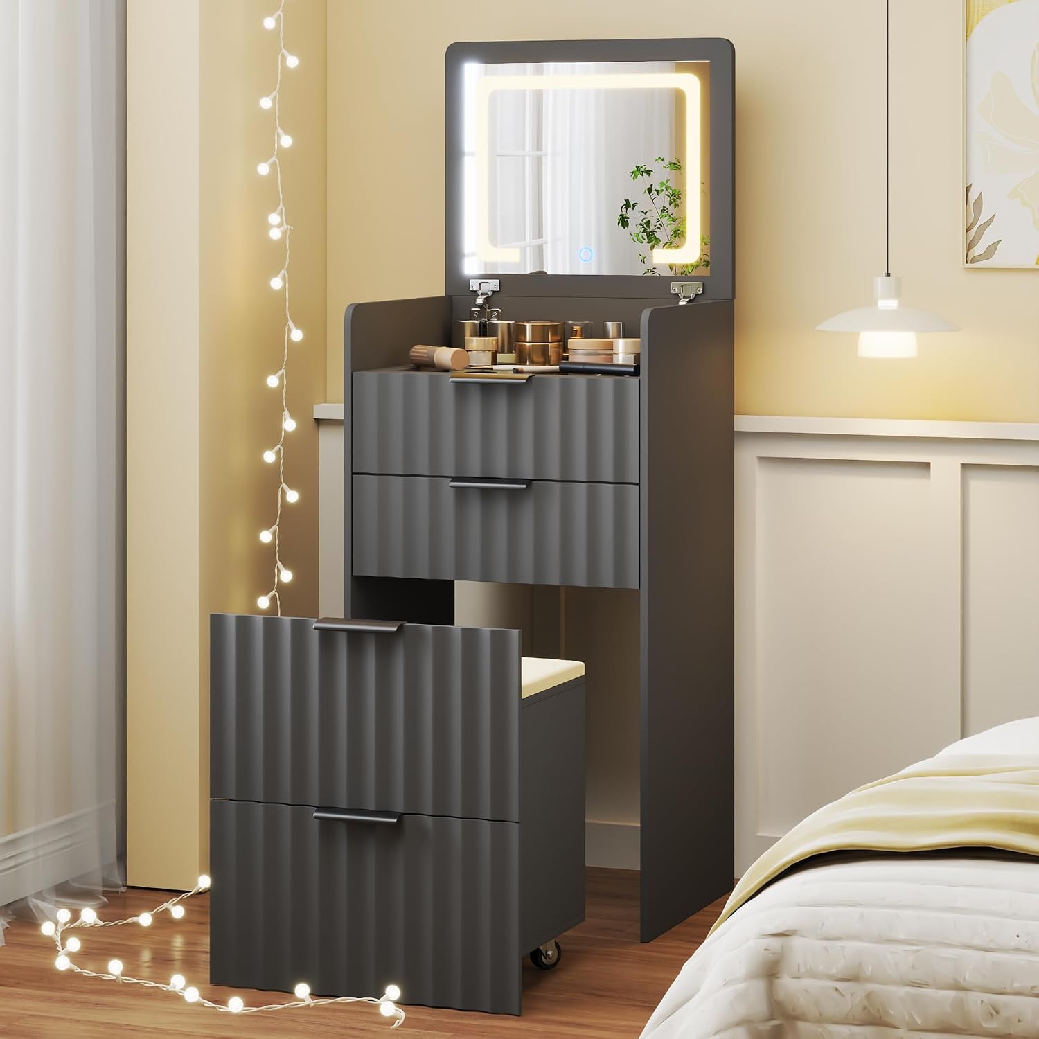 3-in-1 Small Vanity Desk with Flip Top Mirror and Lights,Fluted Compact Makeup Vanity with Storage Stool and Drawers,Mini Vanity Table Set for Bedroom Furniture,Grey