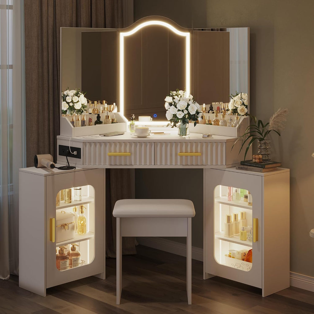 Corner Vanity Desk with 3 Way Mirror & LED Lights, Makeup Table Set with Charging Station, Storage Drawers & Side Cabinets, Modern Bedroom Dressing Table for Women & Girls Birthday Gift
