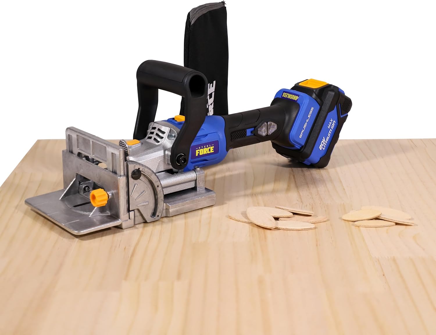Steel Force BJ184 Wood Biscuit Plate Joiner 4' Brushless Cordless with 20V 5.0Ah Battery and Charger, 8mm 5/16' Dilling Bits, Up to 1-1/2' Drilling Depth