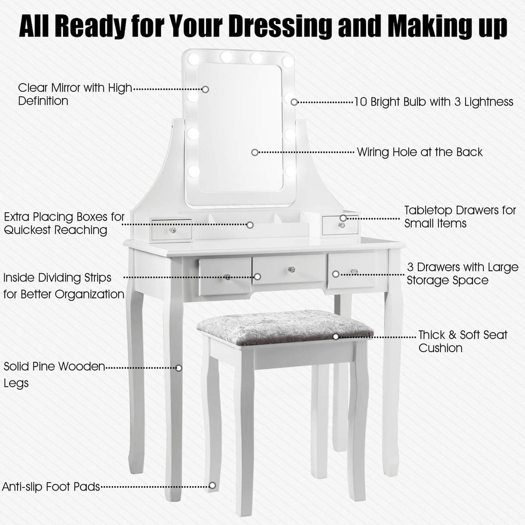 DORTALA Vanity Table Set w/ 360-Degree Rectangular Mirror & Cushioned Stool, Makeup Table w/ 10 LED Dimmable Bulbs, Bedroom Wood Dressing Table w/ 5 Drawers & Removable Box Organizer, White