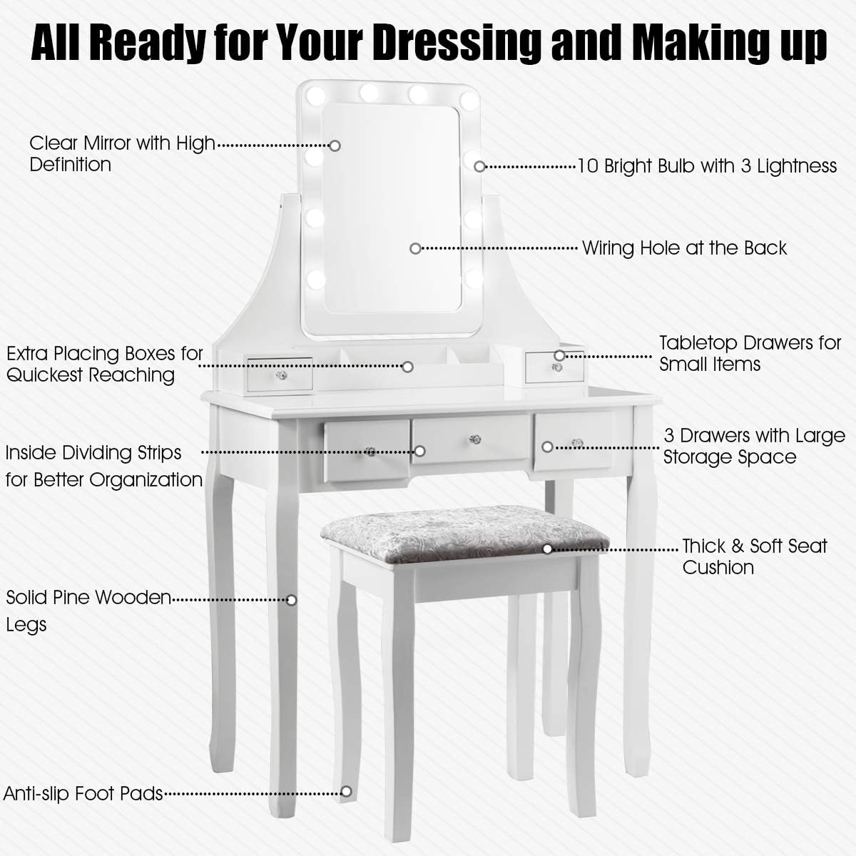 DORTALA Vanity Table Set w/ 360-Degree Rectangular Mirror & Cushioned Stool, Makeup Table w/ 10 LED Dimmable Bulbs, Bedroom Wood Dressing Table w/ 5 Drawers & Removable Box Organizer, White