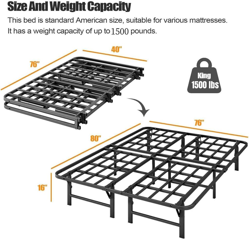 ZIYOO Heavy Duty King Size Folding Bed Frame, 16 Inch High with Sturdy Steel Slats, Metal Platform, No Box Spring Needed, Easy Assembly, Noise-Free, Black