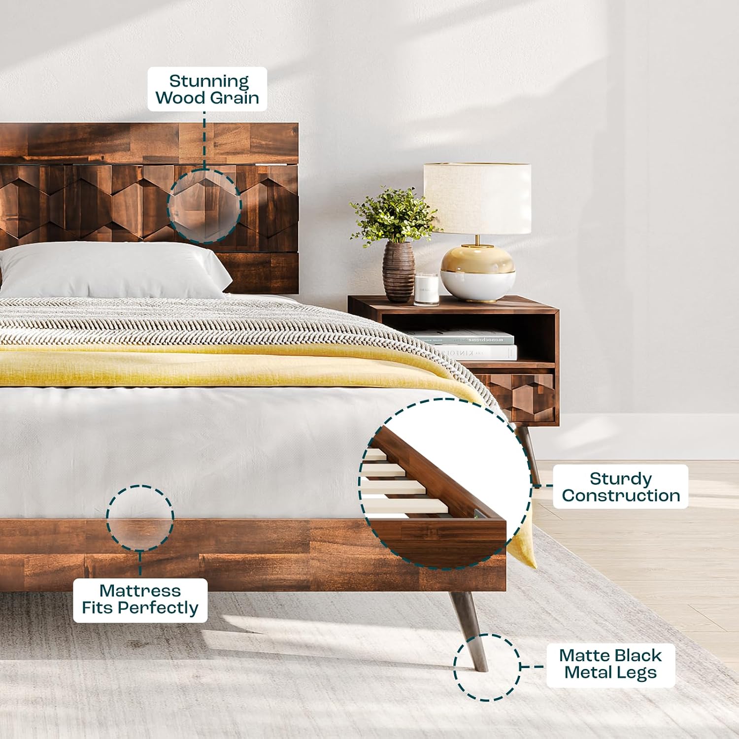 Bme Georgina Signature Dark Choco Bed Frame, King Bed Frame and Headboard Handcrafted Geometric, Mid Century Modern, Solid Acacia Wood, No Box Spring Needed, 12 Wood Slats Support, Easy Assembly