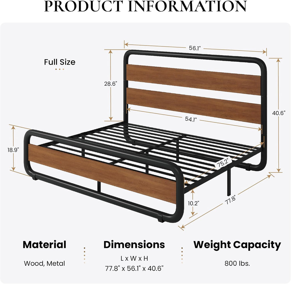 SHA CERLIN Full Size Metal Bed Frame with Wooden Headboard and Footboard, Heavy Duty Platform Frame with Under-Bed Storage, Noise Free, No Box Spring Needed, Vintage Walnut