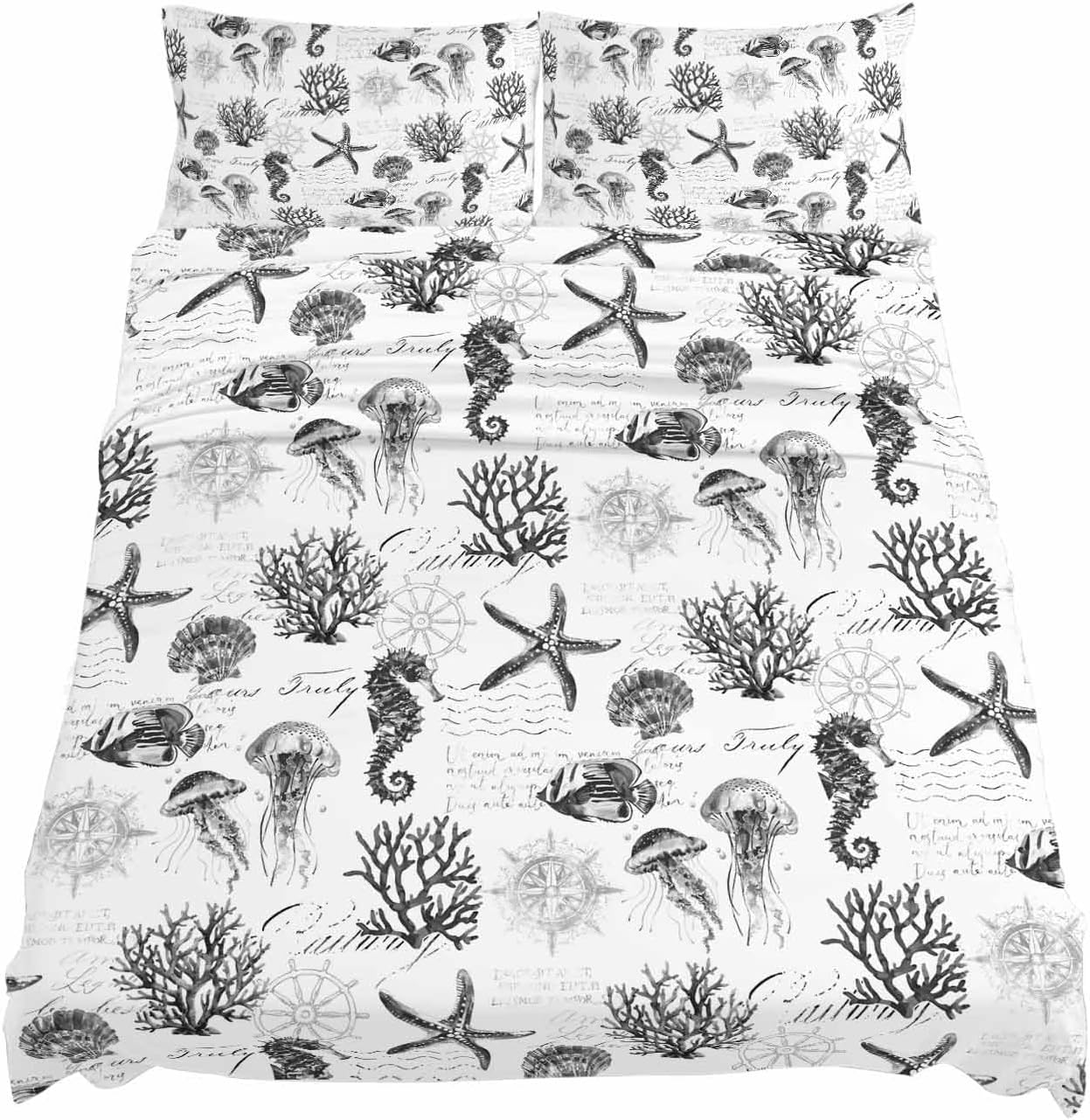 Gray Coastal Cal King Sheet Set 4 Piece Bedding - Retro Nautical Starfish Coral Jellyfish Breathable Comfy Cooling Bed Sheets & Pillowcase Sets,Hotel Luxury Flat Sheets Deep Pockets Fitted Sheet