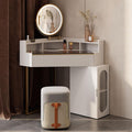 Corner Vanity Desk with Lighted Mirror, Makeup Dressing Table with Drawers, Cabinet and Cushioned Stool, Girls Vanity Desk for Dressing Room, Bedroom