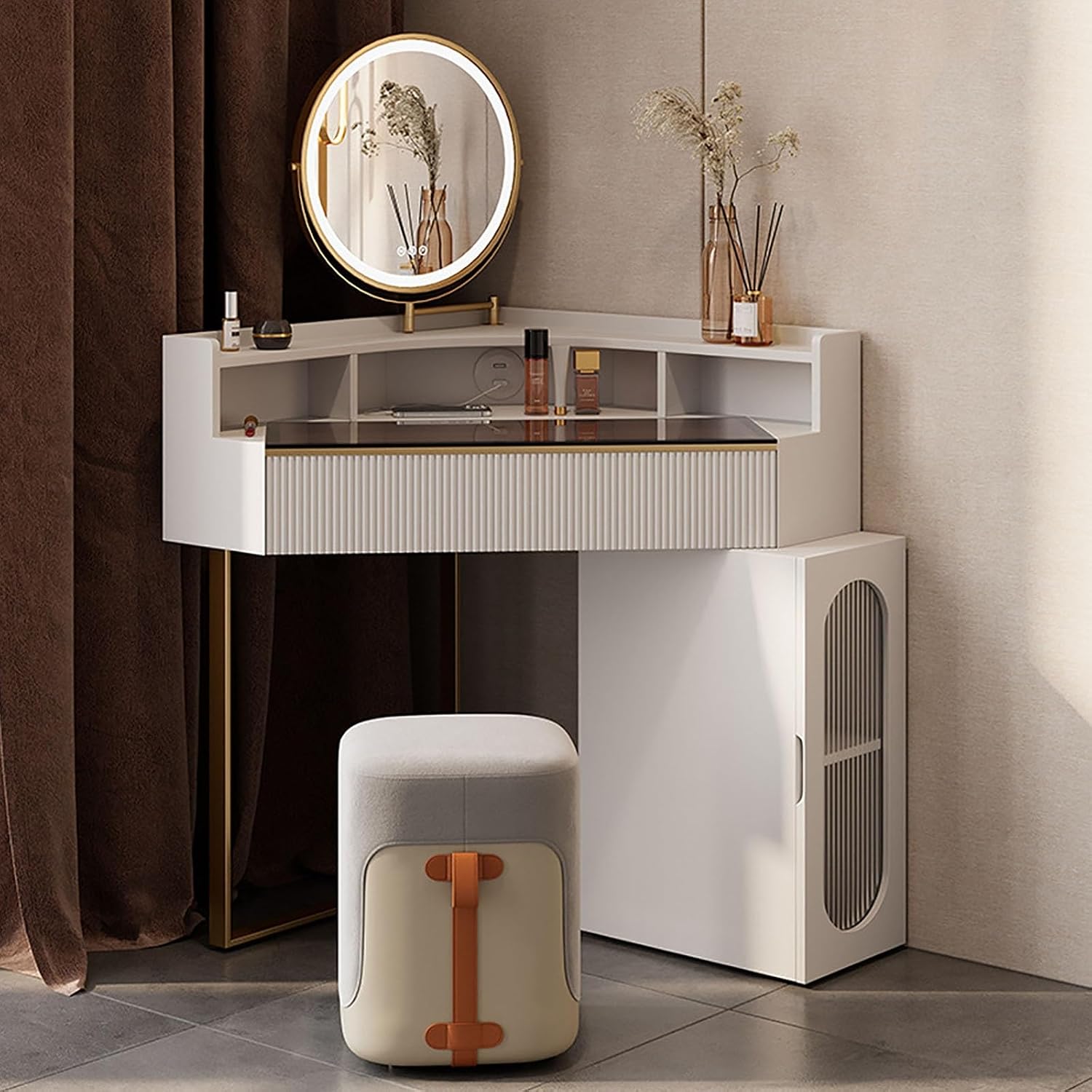 Corner Vanity Desk with Lighted Mirror, Makeup Dressing Table with Drawers, Cabinet and Cushioned Stool, Girls Vanity Desk for Dressing Room, Bedroom