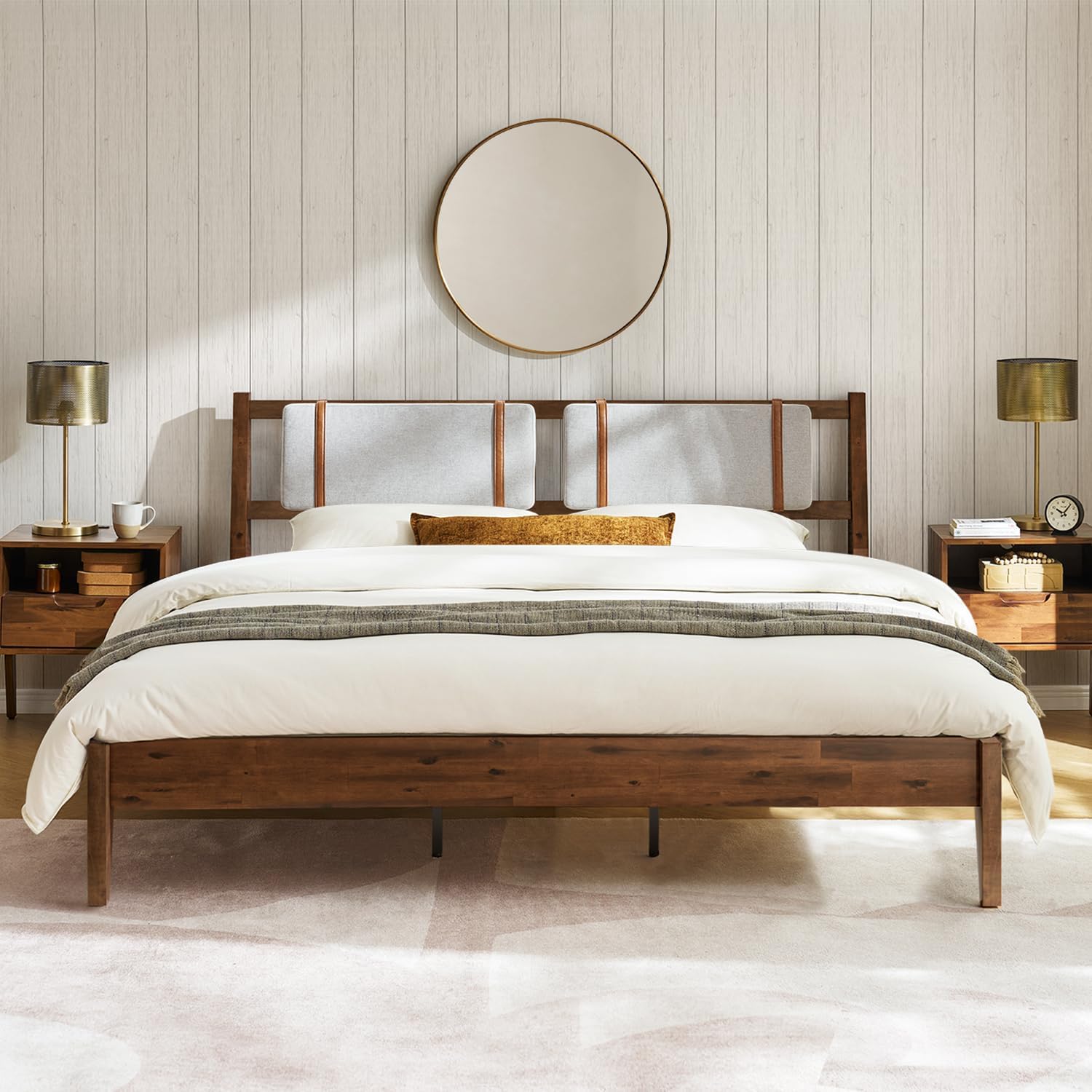 mopio Ted Bed Frame with Headboard, Mid Century Modern Acacia Solid Wood Platform Bed Frame, Wooden Slats, No Box Spring, Double Metal Bar Support (Solid Wood Upholstered, King (U.S. Standard))