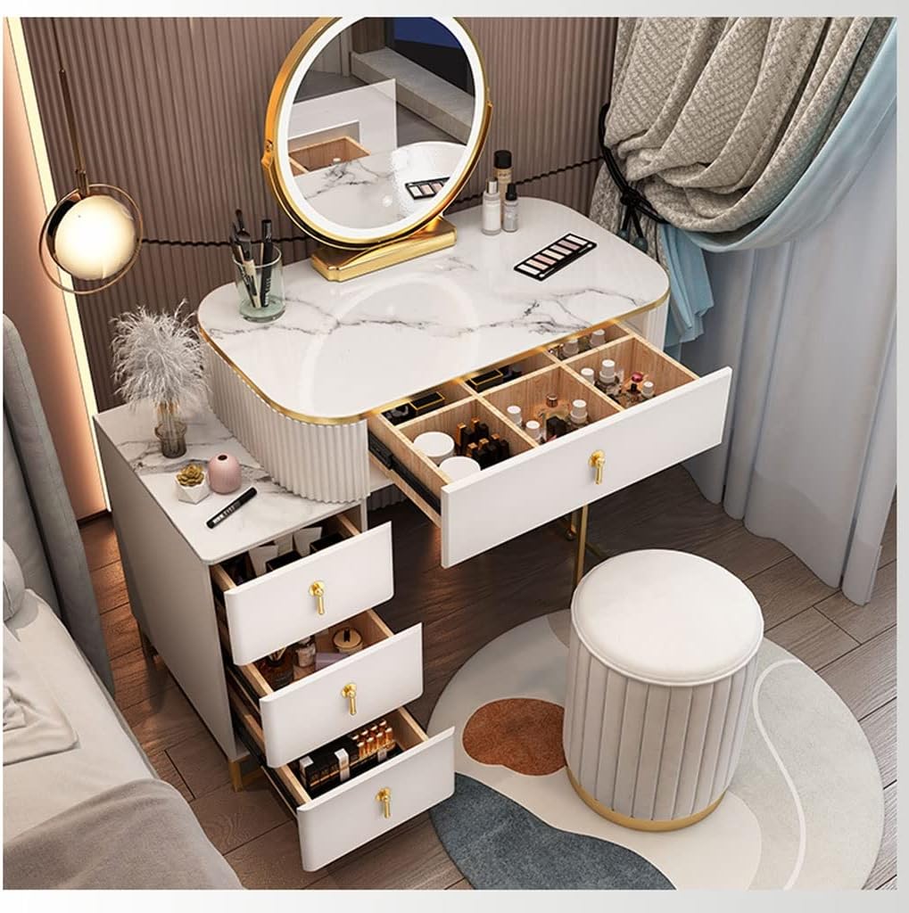 Vanity Benches Vanity Dressing Table Set with Lighted Mirror, Makeup Table with Drawers and Stool for Bedroom White (Color : A)