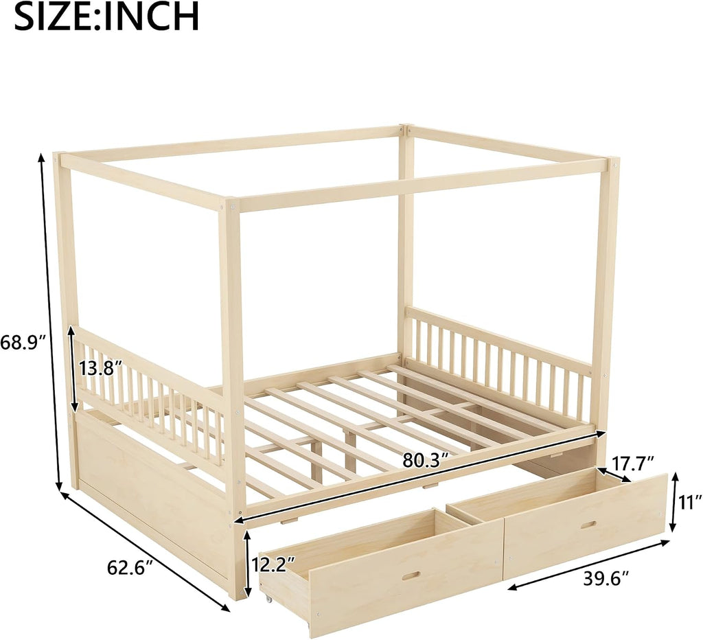 Merax Queen Size Canopy Bed with Storage, Solid Wood Four Posters Bed Frame with Drawers, No Box Spring Needed, Natural