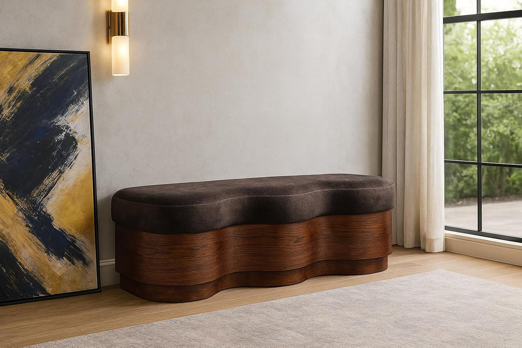 Meridian Furniture 22082Brown Savoy Collection Art Deco Bench with Soft Brown Velour Fur Fabric, Rich Brown Walnut Finish, Mix of Solid Wood & MDF, 60' W x 18.5' D x 18.5' H, Brown