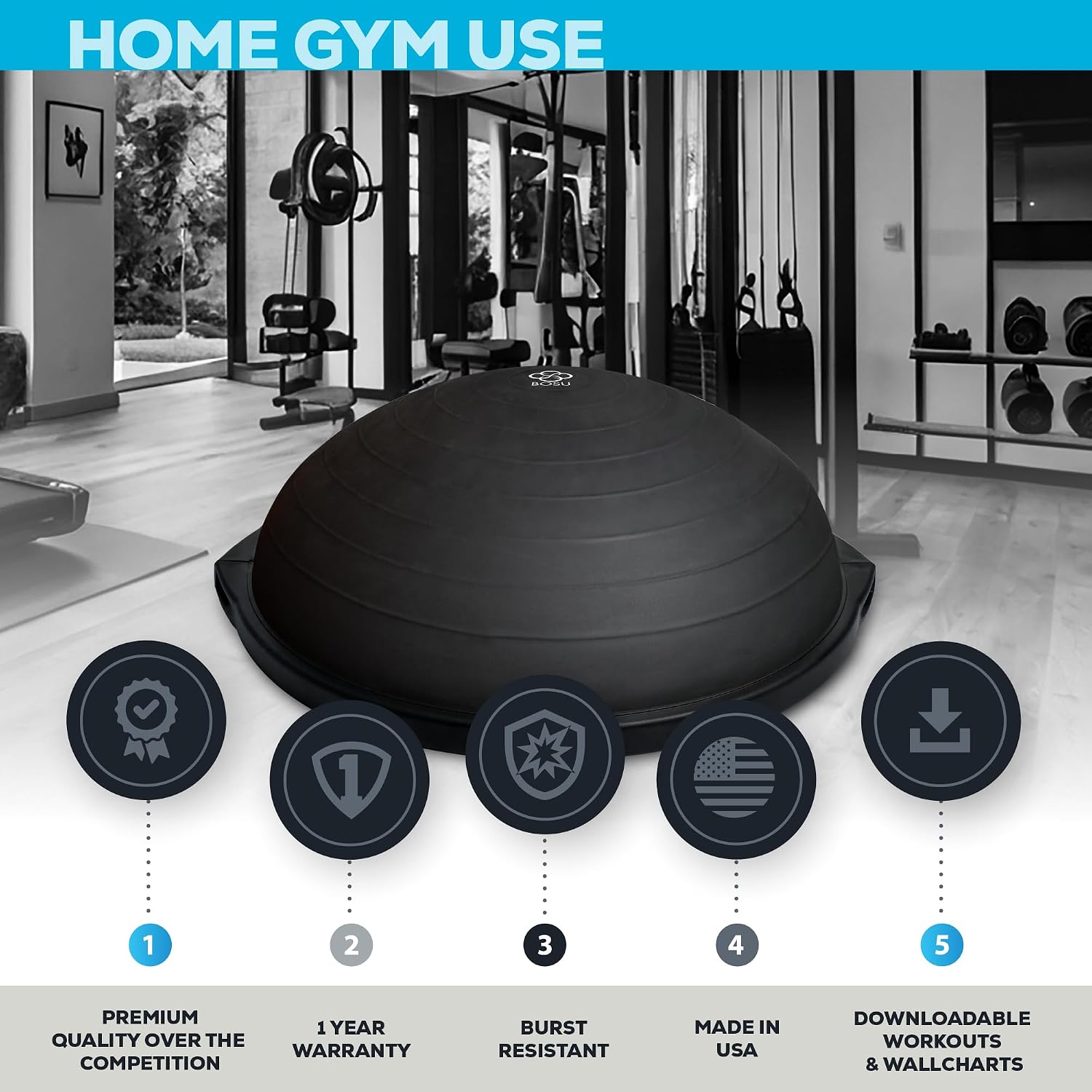 Bosu Balance Ball Exercise Trainer, Home Gym Equipment w/Guided Workouts & Pump, 26' Inflatable Fitness Platform for Strength Training, Standing, Balancing, and Core Workout