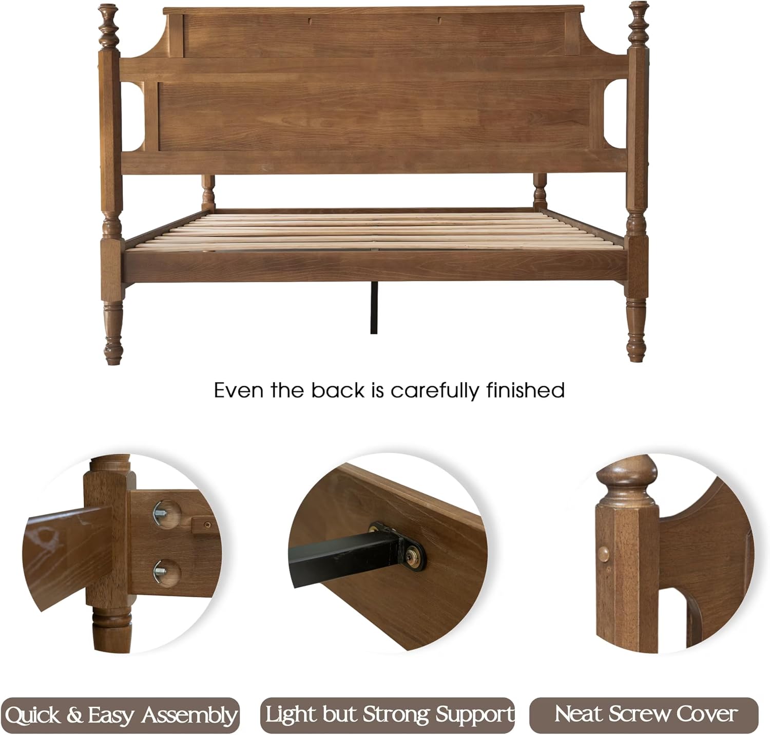 Solid Wood Queen Size Bed Frame with Headboard & Footboard, 12 Strong Slats, Center Metal Legs, Anti-Slip & Noise-Free Design, No Box Spring Needed, Quick Assemble, Barnwood Finish, ROQ-30