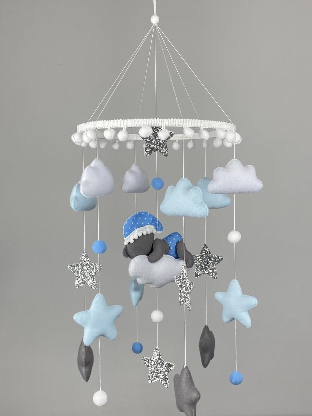 Baby Mobile for boy Crib Bear Nursery Decor Baby Crib Mobile Nursery Mobile Cot Mobile Felt Hanging Mobile Blue Teddy Bear Baby Shower New Baby boy Gift