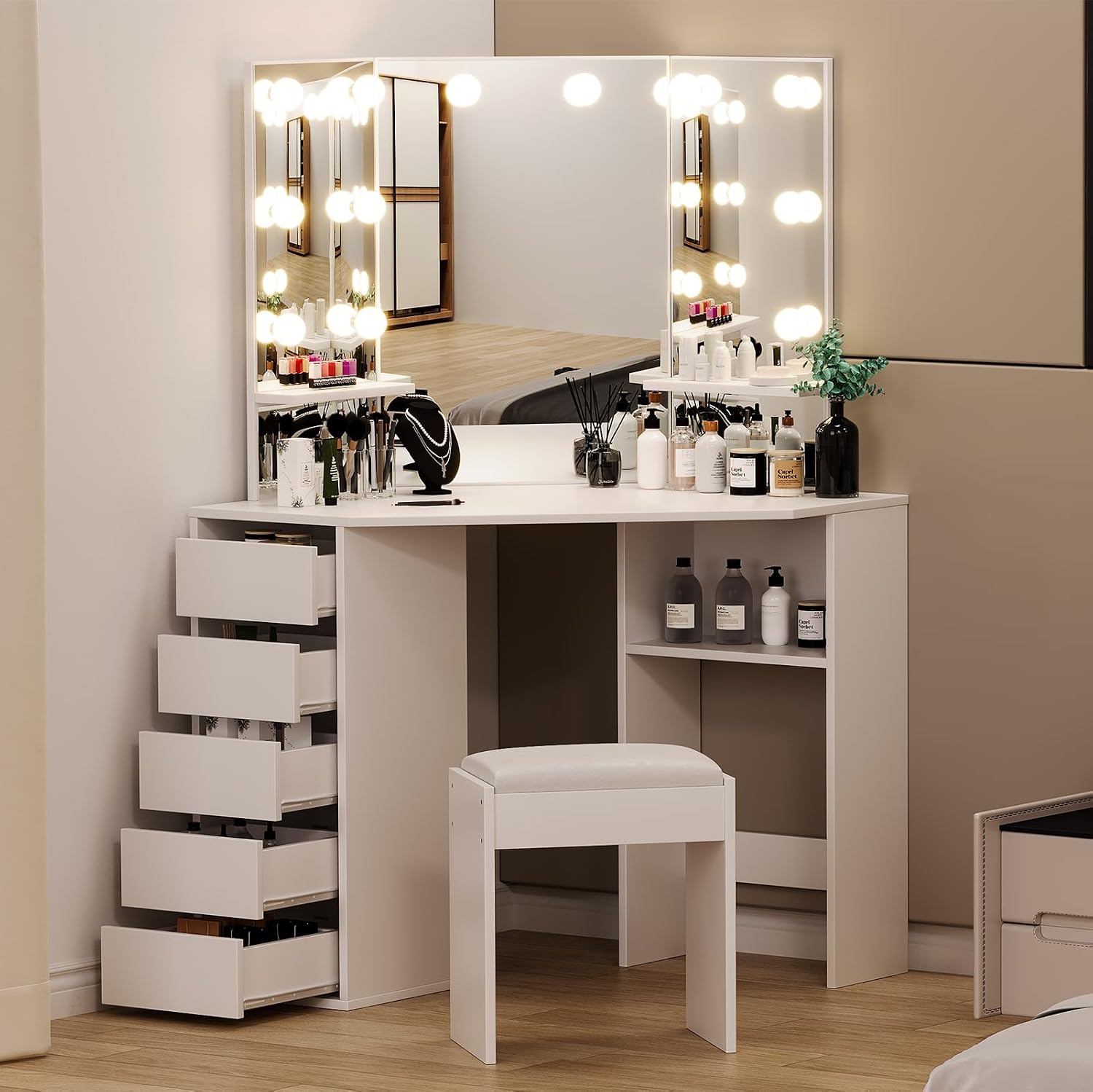 Garvee Corner Vanity Desk and Bench, Makeup Vanity Table with 3-Folding Lighted Mirrors, Charging Station, 5 Drawers for Bedroom