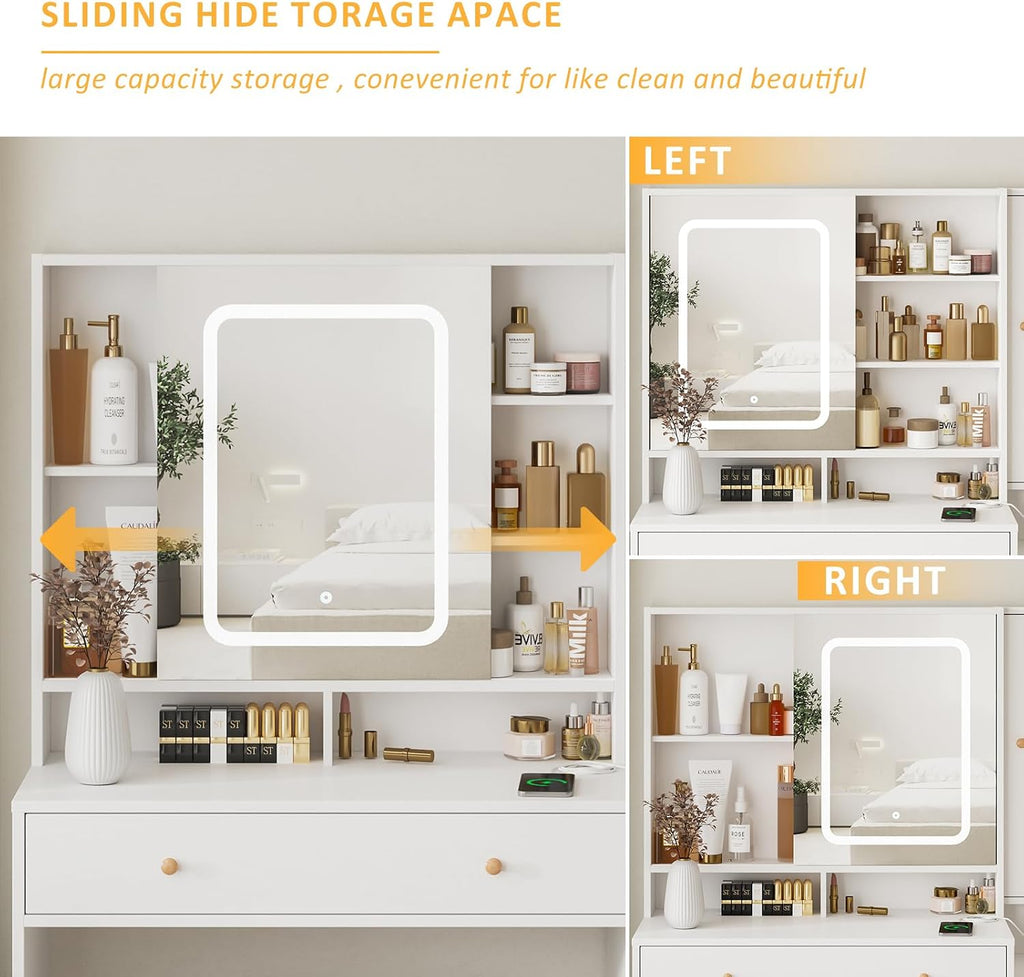 Halitaa Vanity Desk with Mirror and Lights, Glass Top Vanity Table Makeup Vanity with Lights and Charging Station & Sliding Door, Glass Top Vanity with 3 Drawers and Jewelry Cabinet, 42.8inch