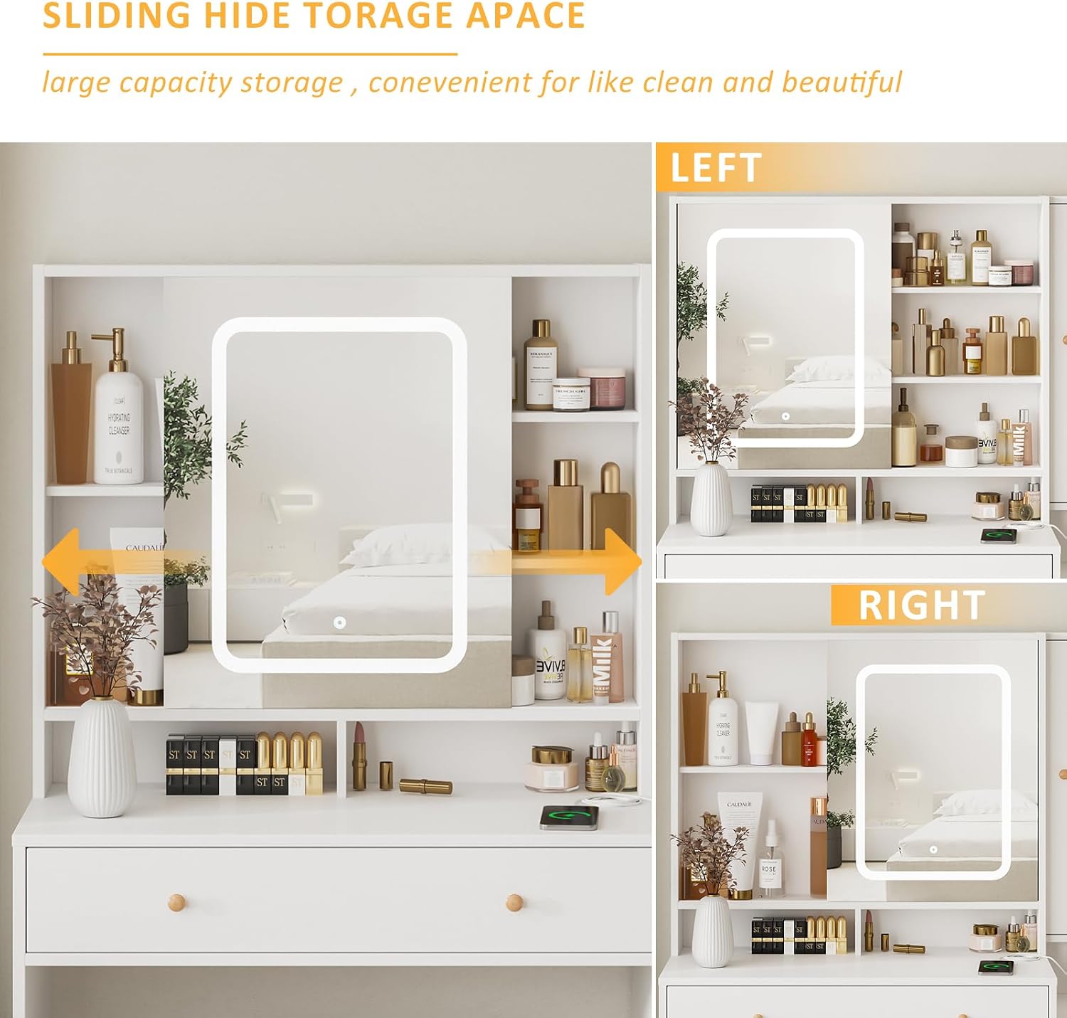 Halitaa Vanity Desk with Mirror and Lights, Glass Top Vanity Table Makeup Vanity with Lights and Charging Station & Sliding Door, Glass Top Vanity with 3 Drawers and Jewelry Cabinet, 42.8inch