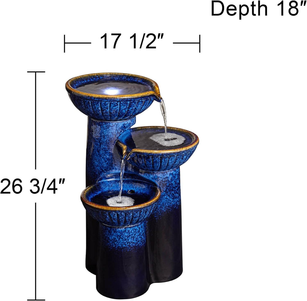 3-Bowl 26 3/4' High Large Modern Outdoor Decor Blue Cobalt Ceramic Floor Fountain with Light LED Standing Waterfall Tiered Water Feature for Outside Garden Patio Yard Backyard - John Timberland