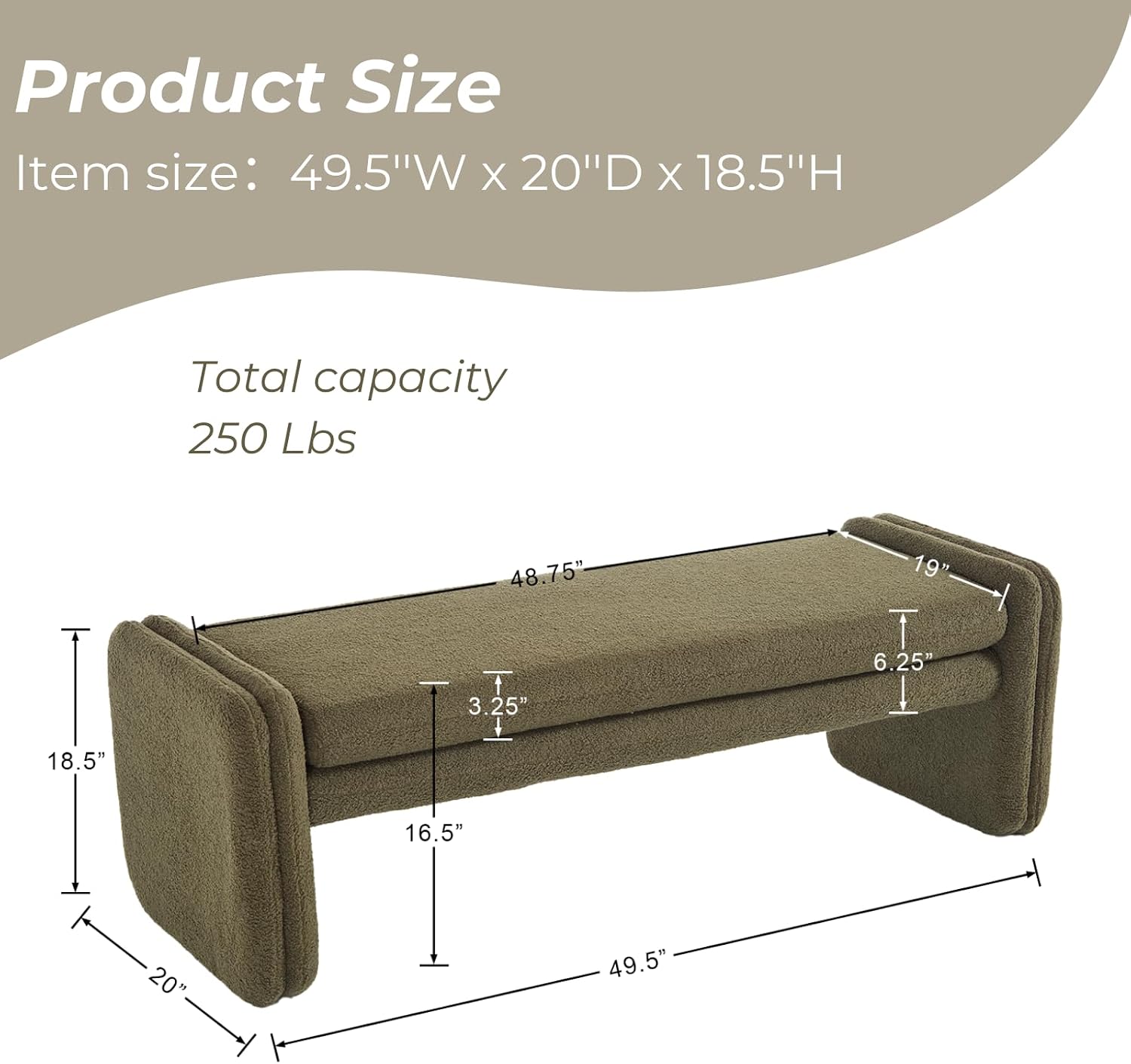 ROCITY Green Boucle Bench 50' Sherpa End of Bed Bench Modern Upholstered Bench for Bedroom Entryway Living Room Vanity Makeup Room, Teddy Fabric Bench with Seating
