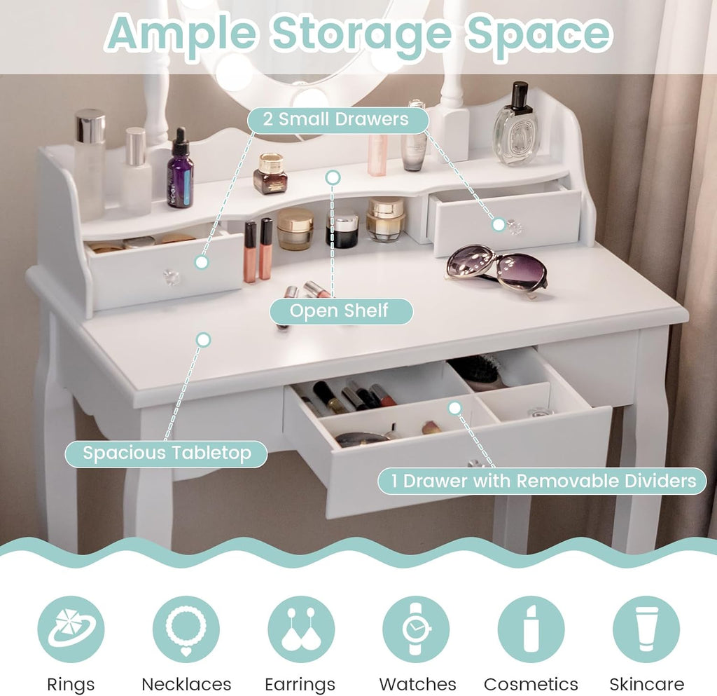 GOFLAME Vanity Table Set with Rotatable Mirror, Makeup Vanity Desk with 3-Color Dimmable LED Lights, 3 Drawers and Cushioned Stool, Dressing Table Set for Bedroom Studio (White)