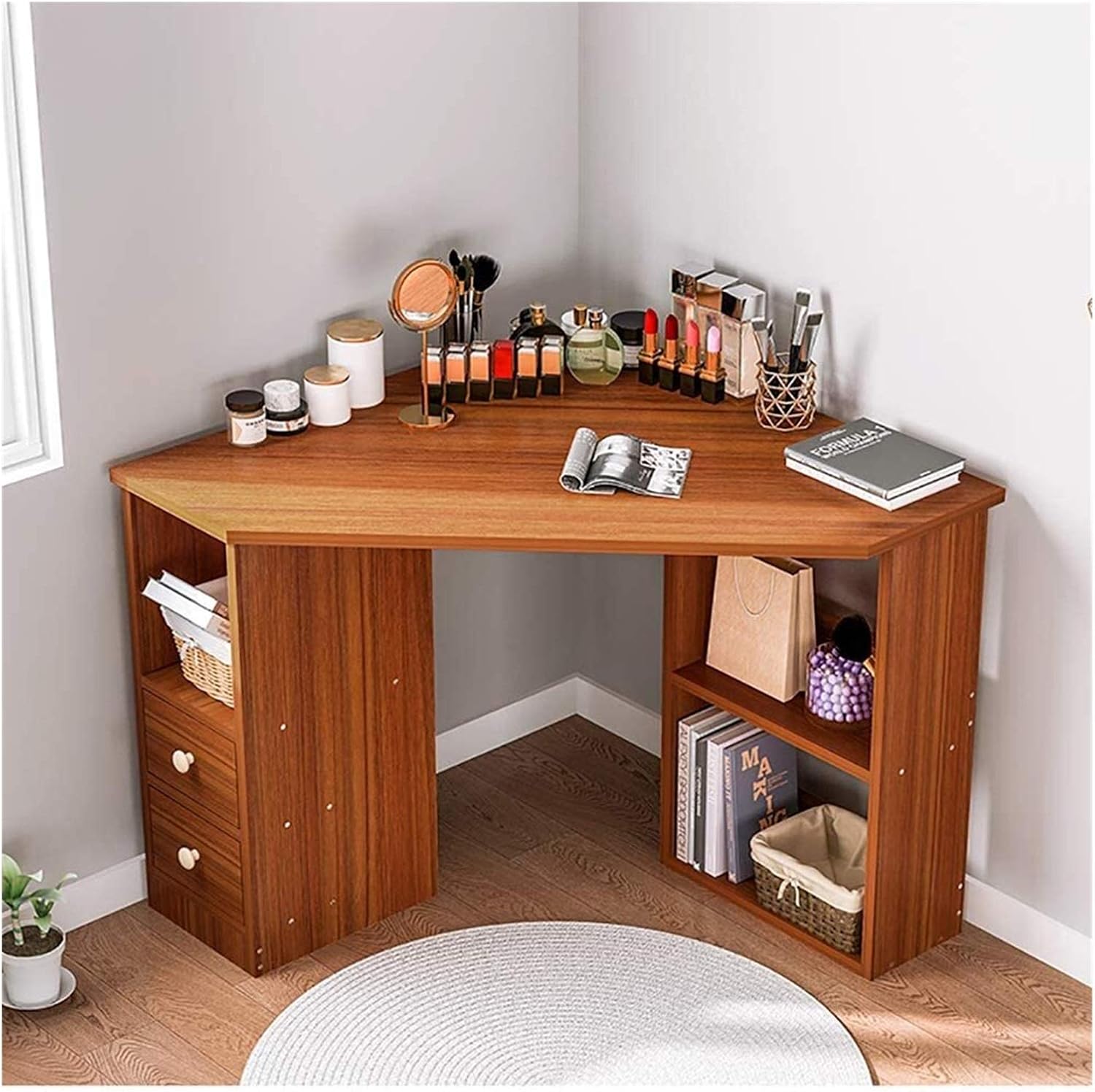 Luxury Dressing Vanity Table w/Stool for Bedroom, Corner Vanity Table, Solid Wood Dressing Table, Large Storage Organizer and Open Compartment, with Shelf Holder(B)