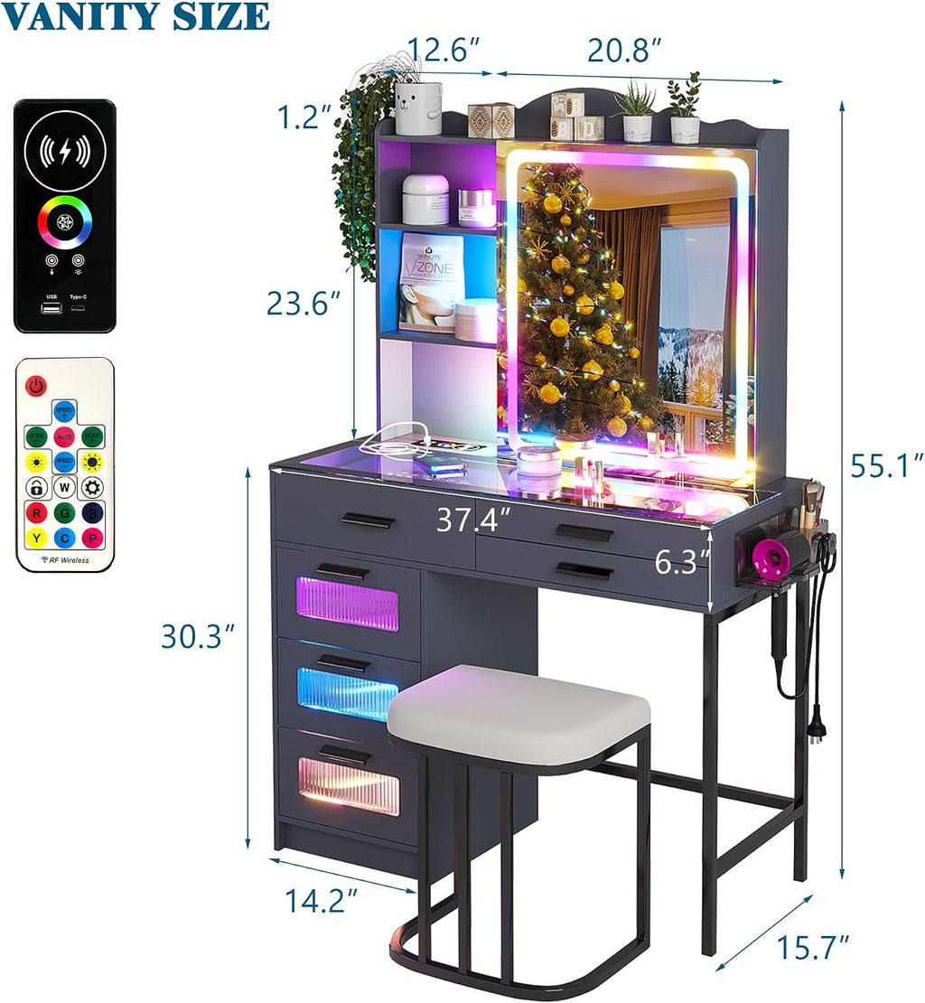 WOOVIVS Glass Top Vanity with LED Mirror, 6 Drawer Dresser with Charging Station for Bedroom, Small Makeup Vanitys Table with RGB Light, Vanity Set with Chair,Jewelry Organizer for Girls-Grey