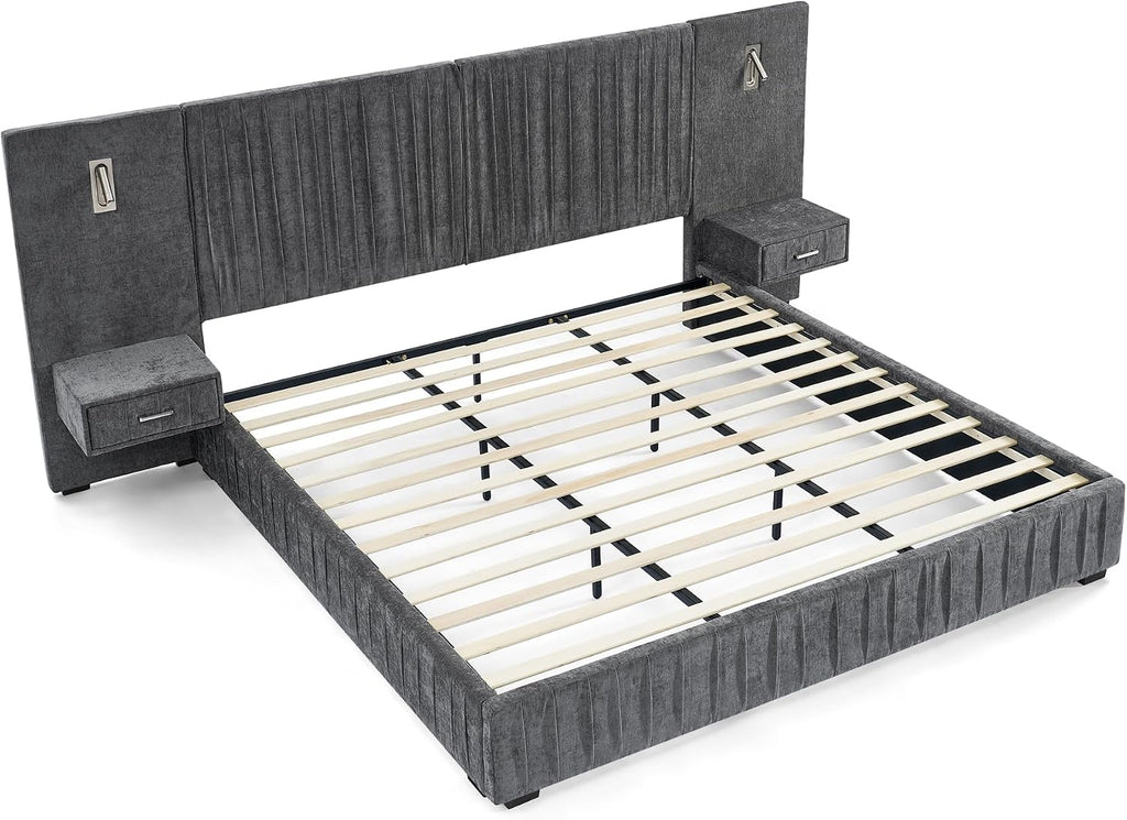 Queen Size Upholstered Platform Bed Frame with Headboard & Built-in Nightstand, Luxury Bed Frame for Modern Bedroom Sets, No Box Spring Needed, Stable & Adjustable Lighting(Dark Grey)