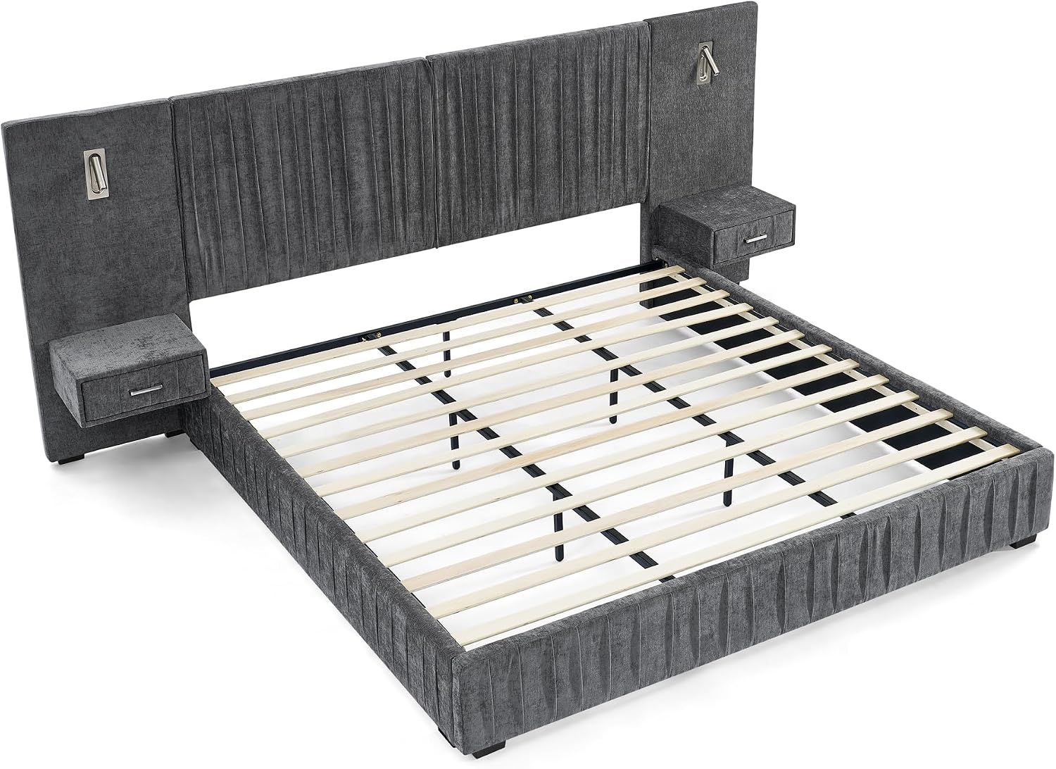 Queen Size Upholstered Platform Bed Frame with Headboard & Built-in Nightstand, Luxury Bed Frame for Modern Bedroom Sets, No Box Spring Needed, Stable & Adjustable Lighting(Dark Grey)